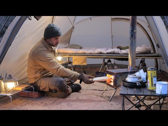 Solo Camping with My Dog . German Sausage & Potatoes . Relaxing in the Hot Tent . Wood Stove ASMR