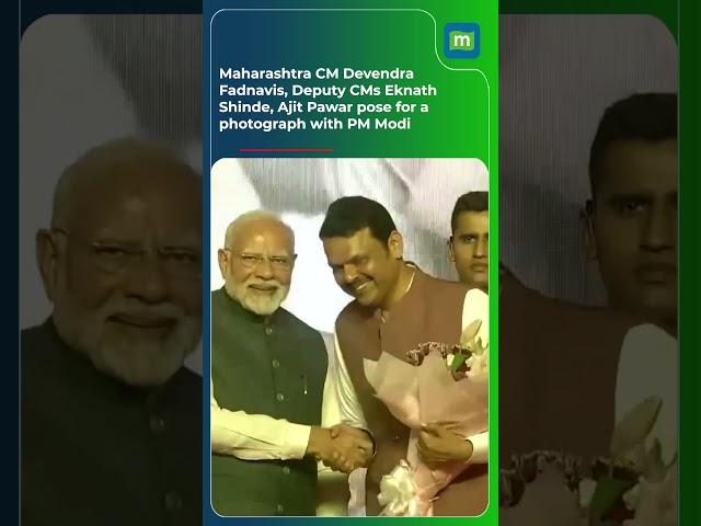 Maha CM Devendra Fadnavis, Deputy CMs Eknath Shinde, Ajit Pawar pose for a photograph with PM Modi