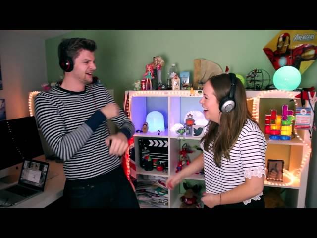 Jim Chapman laughts at Tanya Burr's concentrating face