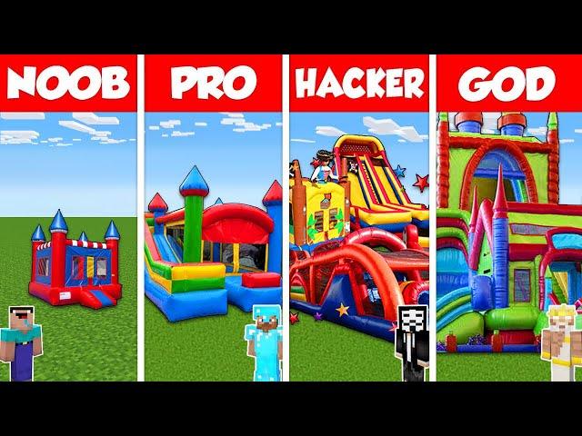 Minecraft Battle: NOOB vs PRO vs HACKER vs GOD: BOUNCY CASTLE HOUSE BASE BUILD CHALLENGE / Animation