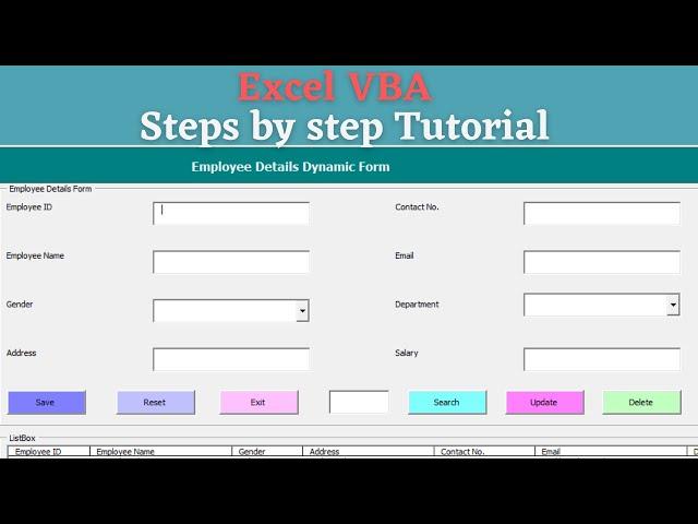 Excel VBA UserForm | Add Data | Reset | Exit | Search | Update | Delete |