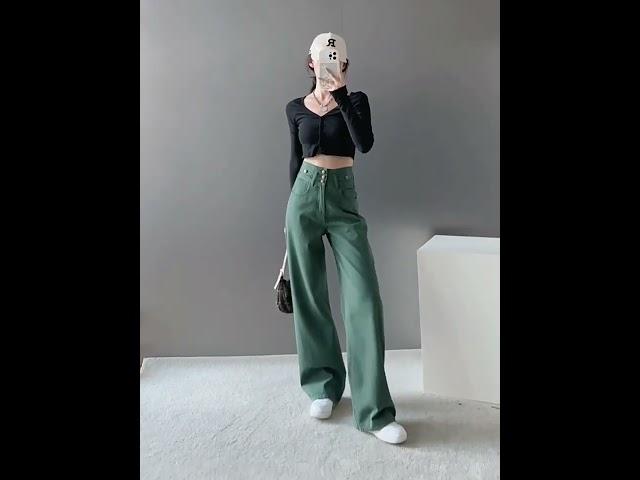 배모양 몸매 그린 하이웨스트 데님 스트레이트 배기 청바지 여가을 2024년 신상 루즈핏 슬림핏 ZHF-0916