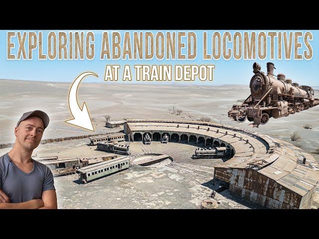 Abandoned steam locomotives at a train depot in the desert | URBEX