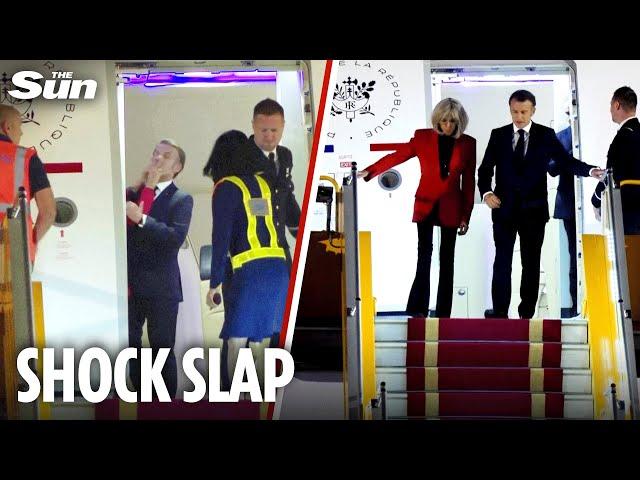 Bizarre moment Emmanuel Macron is SHOVED by wife Brigitte while ‘bickering’ as they got off plane