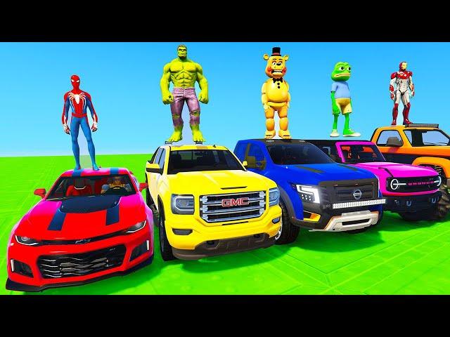 SPIDERMAN CARS COLOR Block Ramp JUMP Challenge ! SUPERHERO HULK GODZILLA TANK Stunts Race - GTA V