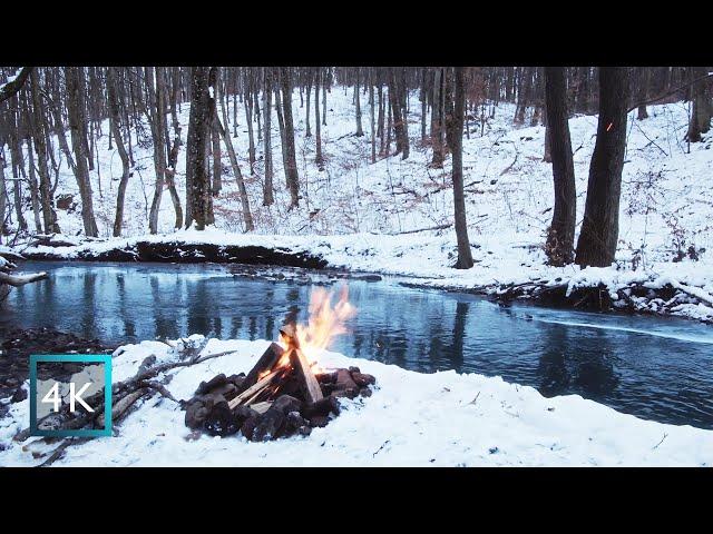 4 hours - Winter Campfire by the River | Snowy Forest Ambience | Gentle Stream | Campfire Sounds 4K