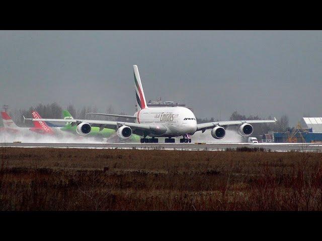 April snow fell in Moscow - Airbus A380 in Domodedovo