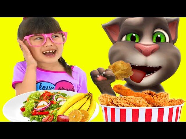 Angela and Talking Tom pretend to play Healthy VS Unhealthy Food.  Educational Video for Kids