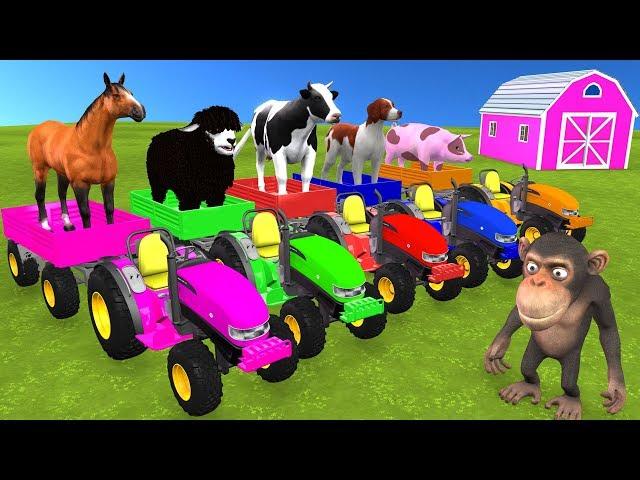 Funny Monkey With Farm Animals Go On Red Tractor Toys For Kids - Old MacDonald Nursery Rhymes