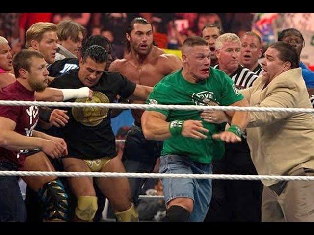 John Cena and Brock Lesnar get into a brawl that clears the entire locker room: Raw, April 9, 2012