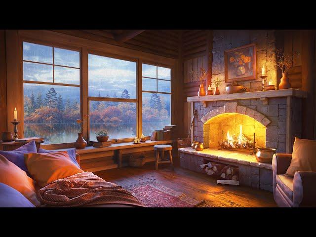 Rainy Autumn Day - Fall Ambience with Relaxing Fireplace & Rain Sounds in the Lakeside Cabin