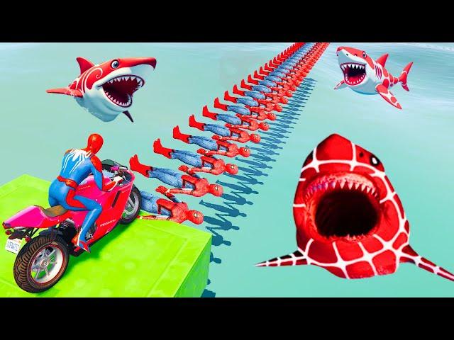 Superheroes on a motorcycle ride over the sea along the Spider-Man Bridge GTA 5