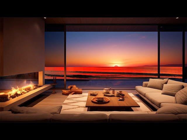 Romantic Seaside Evening in Luxury Hotel 4K with Cozy Fireplace and Elegant Jazz for Relax, Unwind