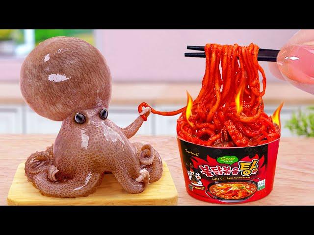 Hot vs Cold Seafood Challenge  Miniature Stir Fried Octopus and Spicy Noodles  Tina Mini Cooking