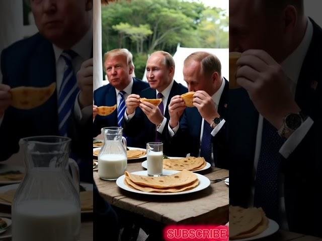 Leaders Trump, Putin, king Harald eating roti and drinking milk #ai #technology #putin#trump #shorts