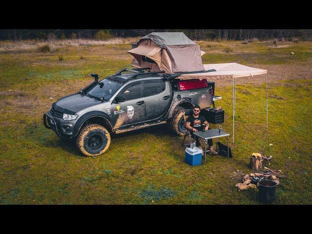 Camping alone with a tent on top of the vehicle! 270 degree awning, Lakeside, Steak Mitsubishi L200