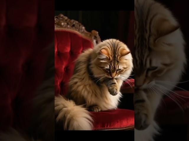 Majestic Golden Fluffy Cat on Royal Throne  | Luxury Pet Photography