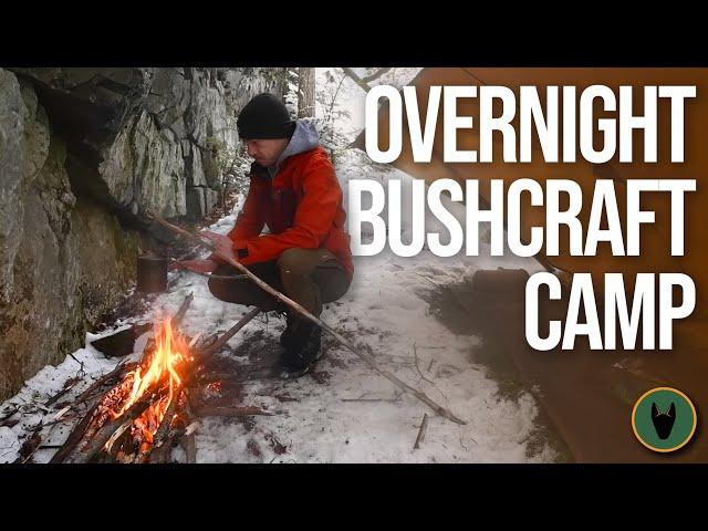 Overnight Bushcraft Camp at a Cliff with Minimal Gear and a Dog in the Snow