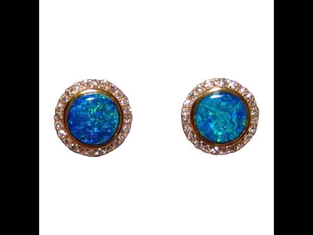 Round Blue Opal Earrings with Diamonds 14k Gold | FlashOpal