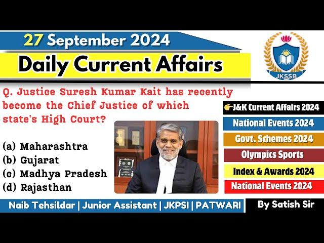 27th September 2024 | Current Affairs today | Daily current affairs for JKSSB Exams | Jkssb Tutorial