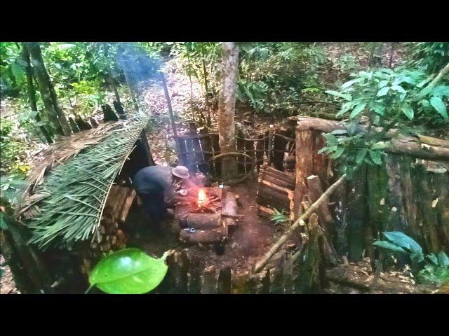 Bushcraft Shelter Build, Survive For Days in the Wood, Exposed to Heavy Rain, Thunder and Lightning