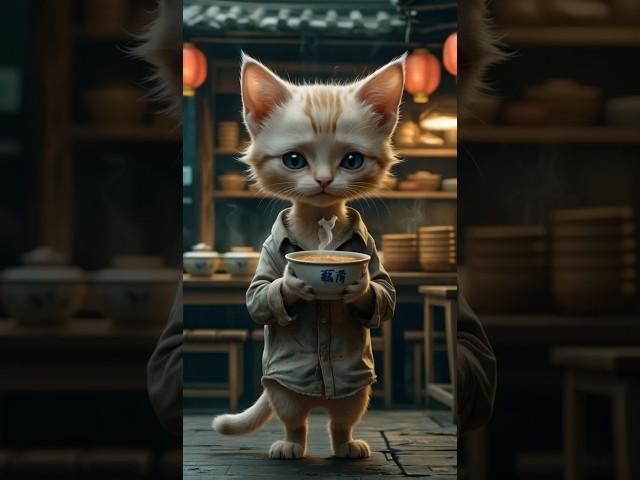 A hungry kitten is laughed at because of its small portion of soup 