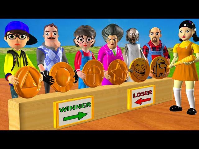 Scary Teacher 3D vs Squid Game Orange Candy Shape Challenge with Fruit Juice Miss T vs 5 Neighbor