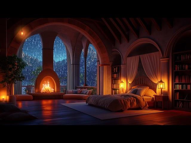 Deep Sleep in a Cozy Secret Castle Bedroom - Rain, Fireplace and Thunderstorm Sounds for 12 Hours