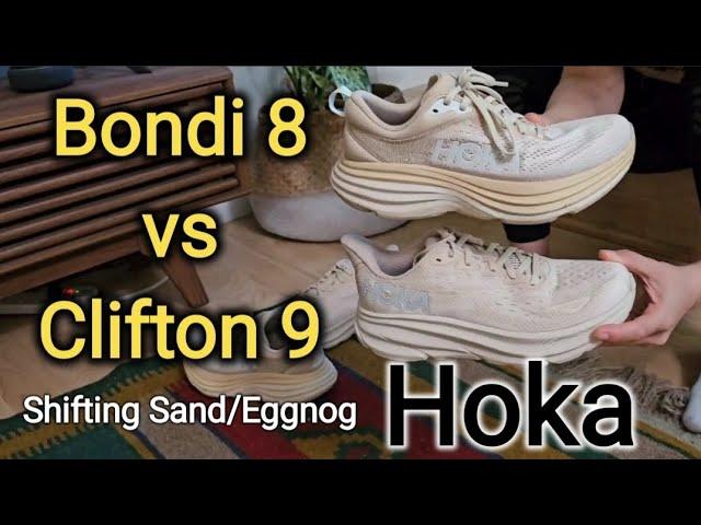Hoka-Bondi 8 vs Clifton 9 - Shifting Sand/eggnog color کفش هوکا