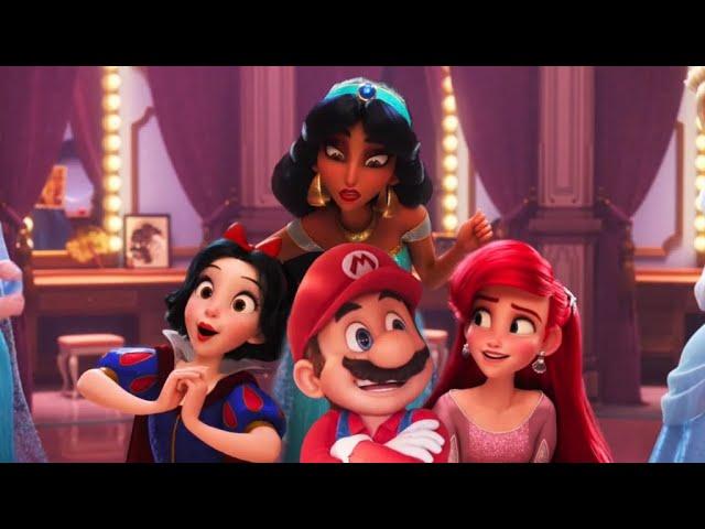 Mario is with Disney princesses caught by his girlfriend Peach