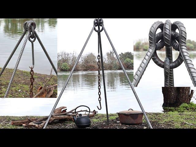 I make a Campfire Tripod - Heating Steel Rebar with a Handheld Gas Burner Torch.