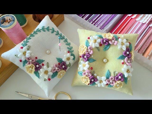 [무료도안/Free Pattern] 꽃자수 사각핀쿠션 Flower embroidery square pincushion