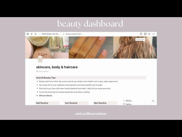 Aesthetic Skincare Beauty Notion Template Tour⭐️ | Beauty Tips Dashboard | anisasillustrations