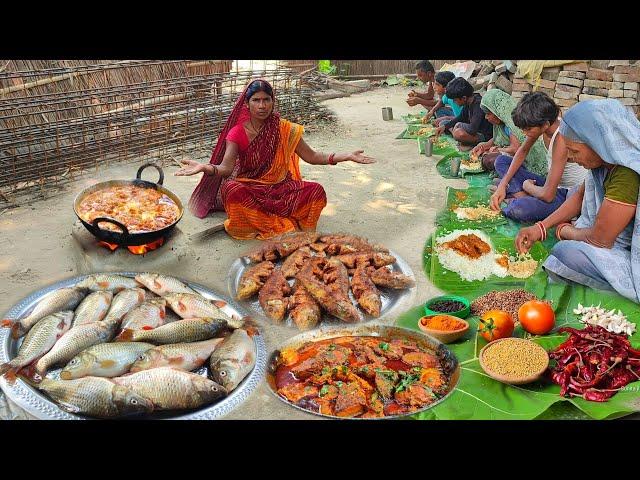 Golden fish curry recipe cooking and eating in village! big fish catching video in river! fish curry