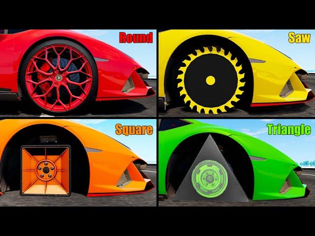 Round Wheel vs Saw Wheel vs Square Wheel vs Triangle Wheel - Beamng drive