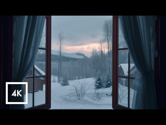 Snowy Cabin in Norway, Wind and Fireplace Sounds for Sleep and Study, ASMR