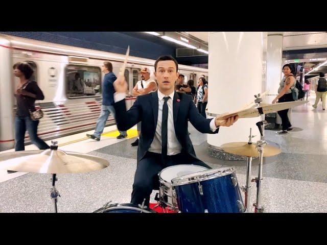 Joseph Gordon-Levitt plays the drums in a subway