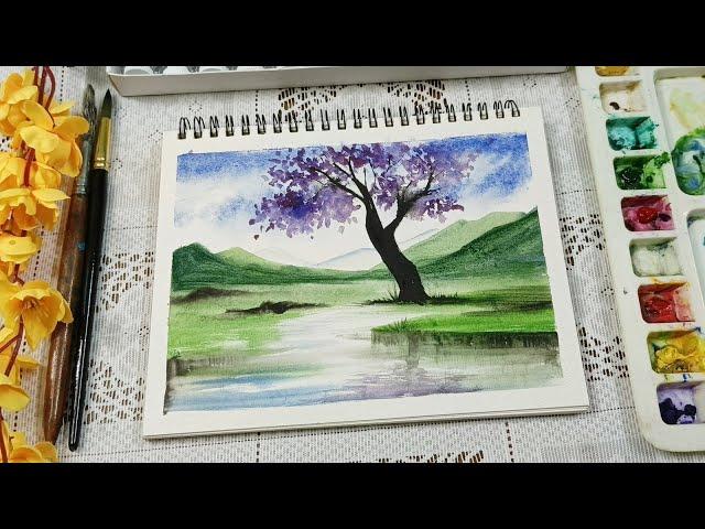 Simple Watercolor Riverside Scenery Painting Step by Step for Beginners / Watercolor Landscape Demo