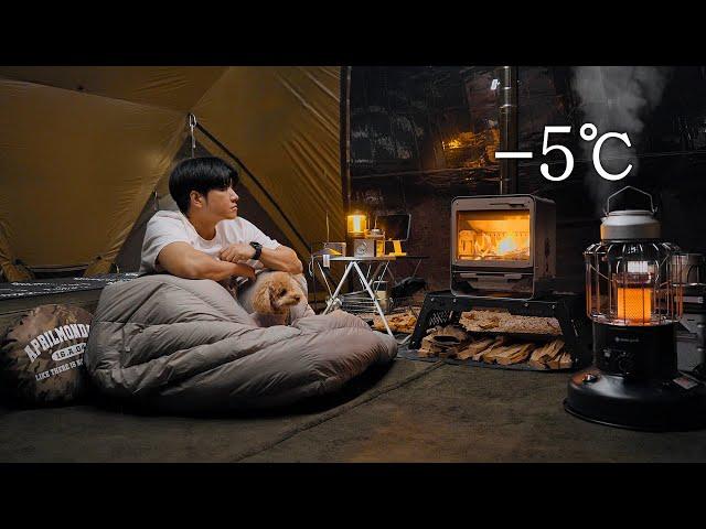 -5℃ Hot Tent Camping with My Dog . Korean Kimchi Jjigae . Wood Stove ASMR