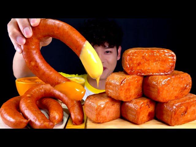 ASMR 따뜻한 흰쌀밥에 뽀드득 킬바사소세지 밥도둑 통스팸 치즈 불닭 찍먹방~!! Rice With Kielbasa Sausage Spam Cheese sauce MuKBang~!