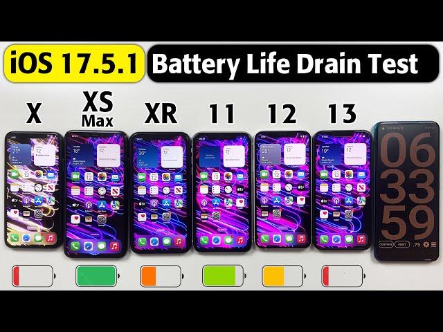 iOS 17.5.1 Battery Test - iPhone X vs XS Max vs XR vs 11 vs 12 vs 13 Battery Life Drain Test in 2024