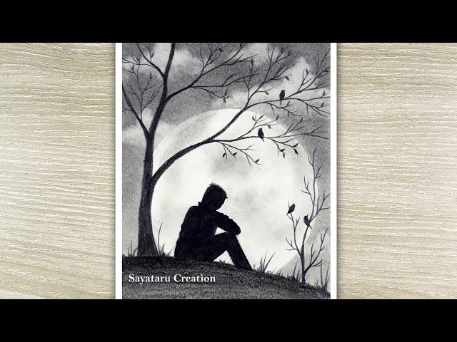 How to draw A Sad Boy Sitting Alone under moonlight with pencil, Moonlight Night drawing