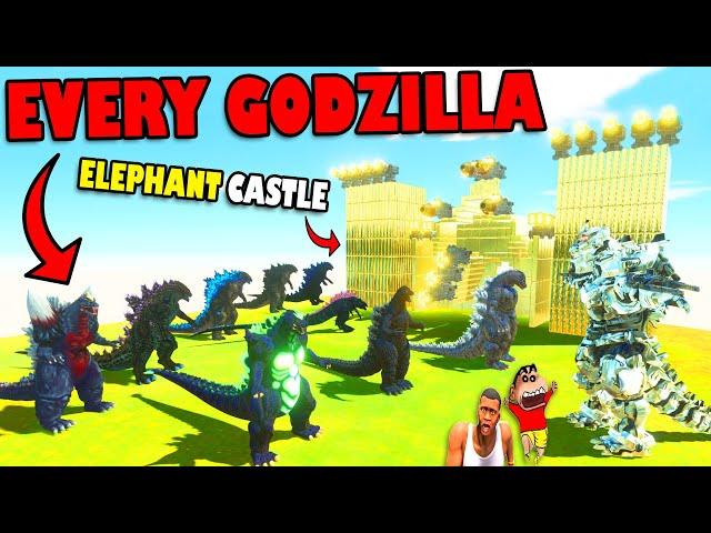 EVERY GODZILLA vs GOLD ELEPHANT CASTLE and GODZILLA GOD in ANIMAL REVOLT BATTLE SIMULATOR | SHINCHAN