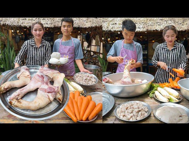 Pig's Leg Cooking Soup by Sister and brother chef | Mommy Chef Sros cooking show | Cooking with Sros