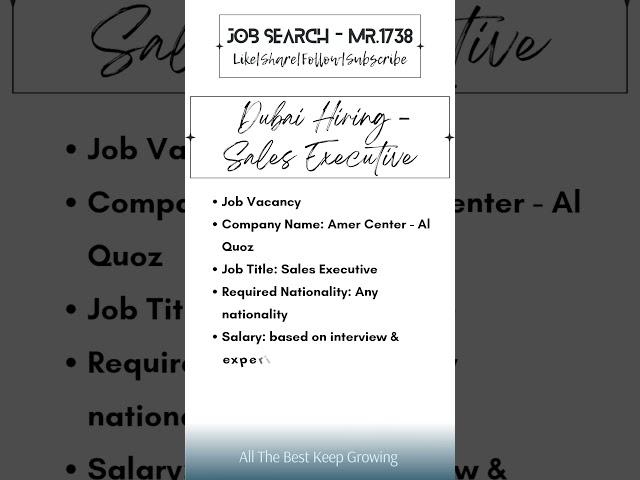 Dubai Hiring -Sales Executive #jobsearch #dubairecruitment #dubai #dubaijobvacancy #dubaijobs