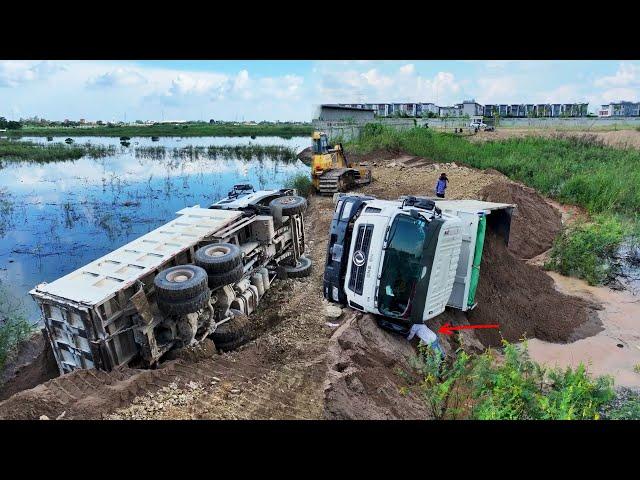 OH My God WTF!! Practical​ Accident OVERTURNED Dongfeng Truck Expert Recovery By Excavator