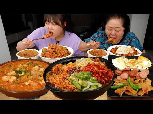 Barley rice mixed with various veggies and soybean paste stewRound Spam, fishcake Mukbang