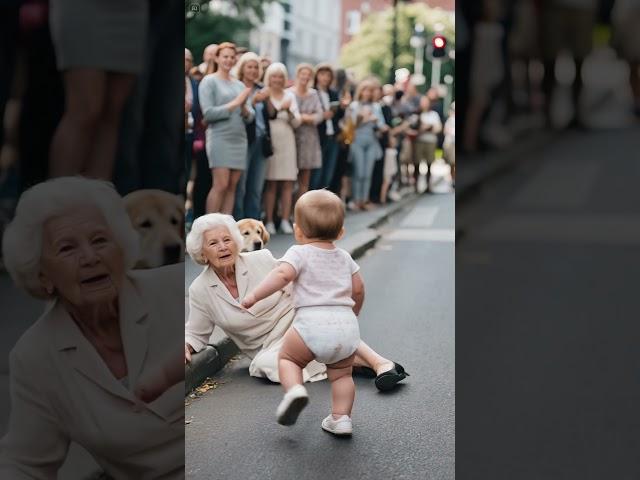 Grandma is uncomfortable and falls, and the baby is particularly worried about helping grandma up.