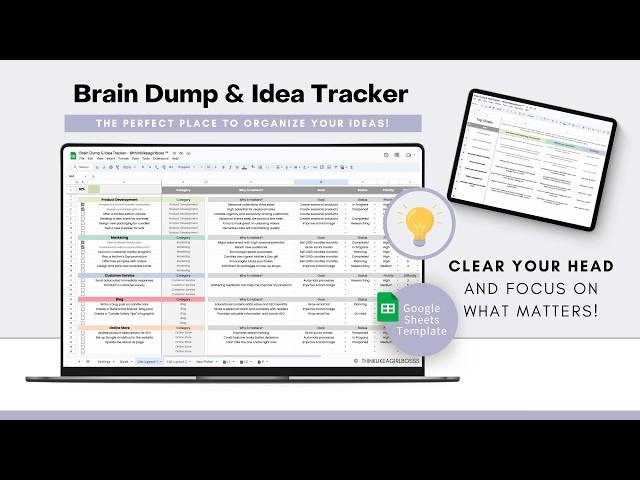 Brain Dump & Idea Tracker - Google Sheets Template - Organize your ideas and clear your mind!