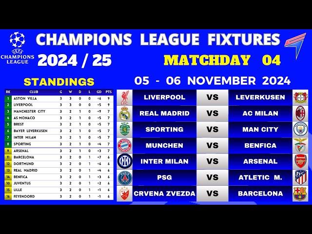 UCL FIXTURES TODAY - Matchday 4 • UCL Table Standings Today • CHAMPIONS LEAGUE FIXTURES  24/25